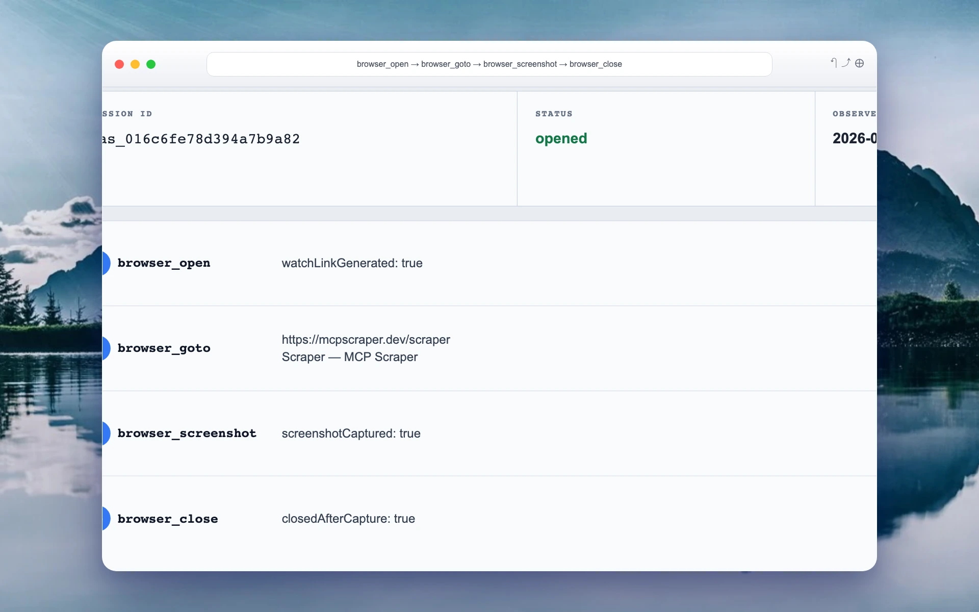 Closer view of the actual browser open, goto, screenshot, and close results