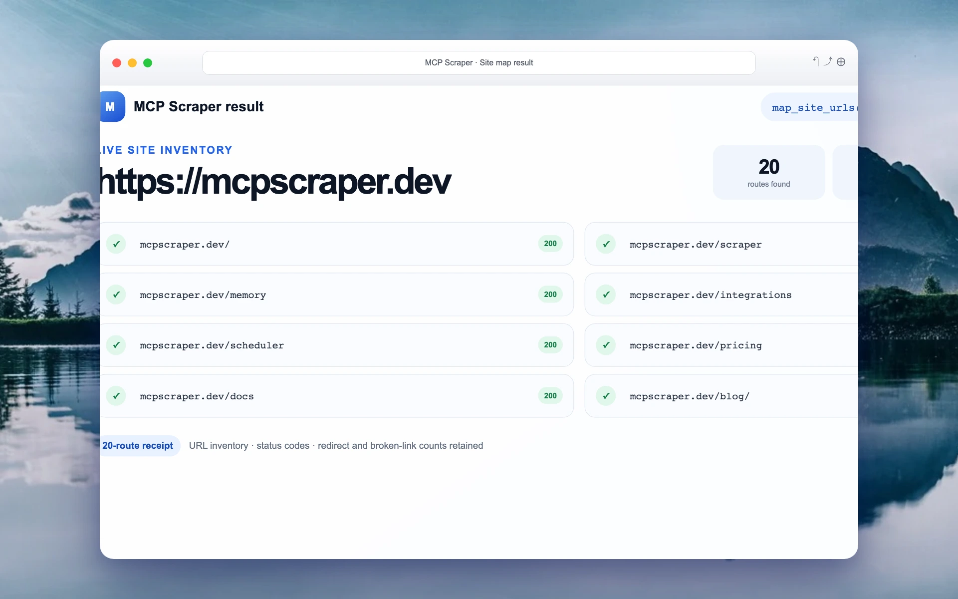 Closer view of actual discovered MCP Scraper routes and their HTTP 200 status codes