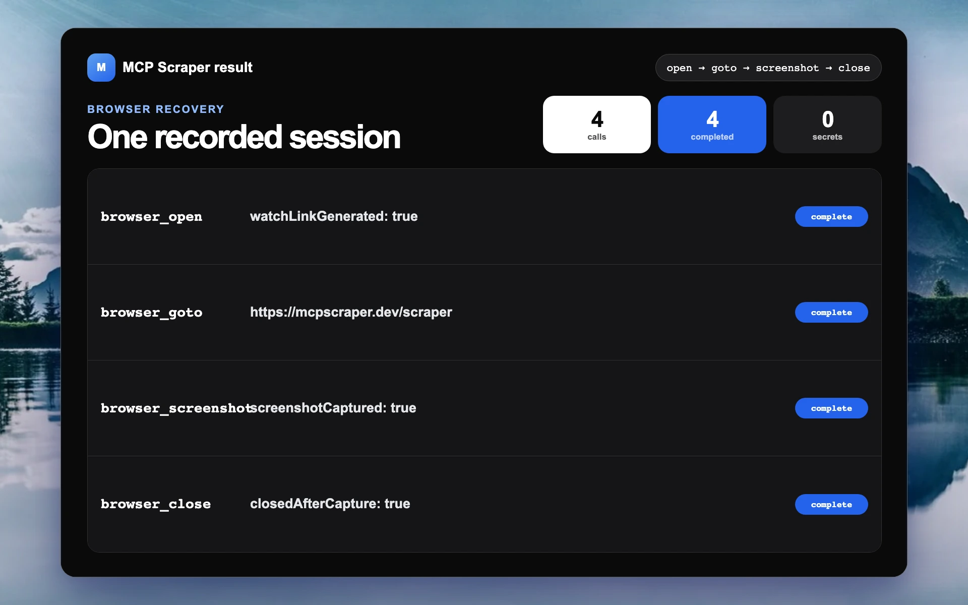 Actual hosted browser session receipt with four completed calls