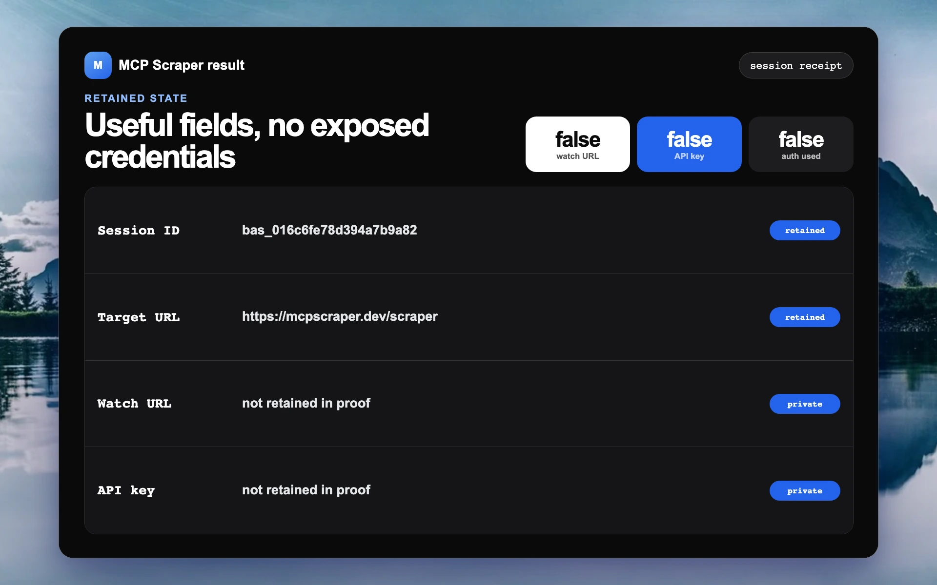 Actual hosted browser result fields with private credentials excluded