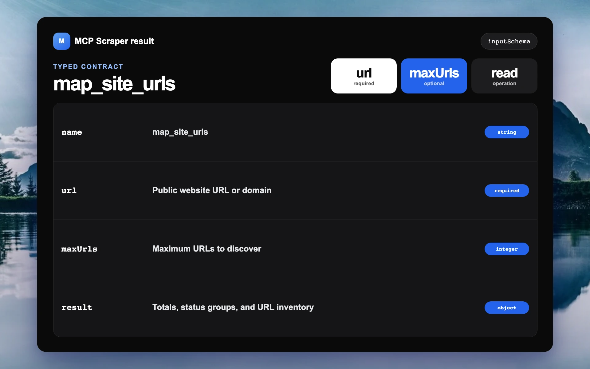 Actual map_site_urls tool contract with required and optional typed inputs