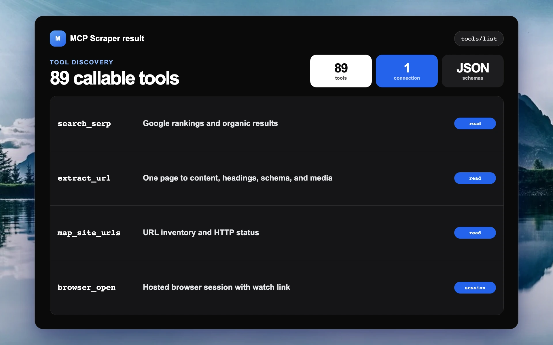 Actual MCP Scraper tool catalog filling a black Mac-style screen over the supplied mountain wallpaper