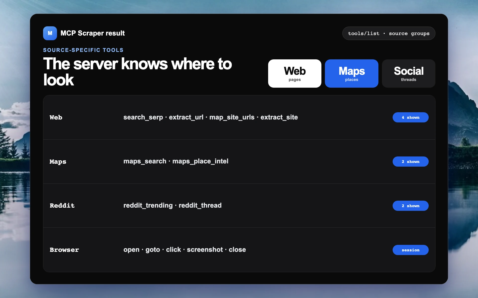Actual MCP Scraper web, Maps, Reddit, YouTube, ads, and browser tool groups