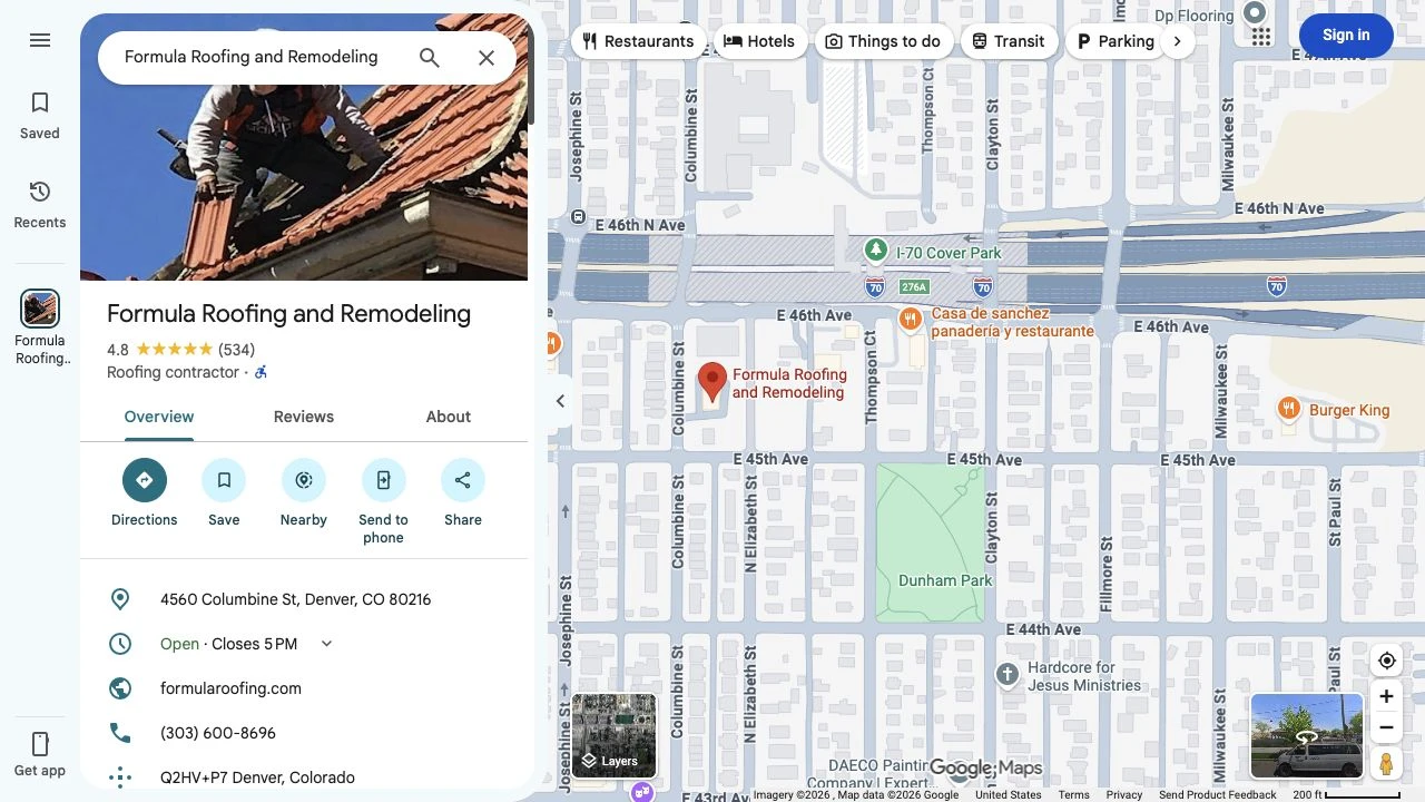 Retained Google Maps listing for Formula Roofing and Remodeling, showing its category, rating, review count, address, hours, and website.